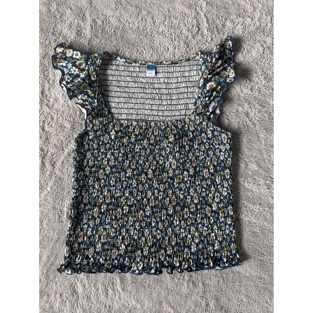 Old Navy Smocked Floral Top Navy Blue Daisy Ruffle Flutter Sleeve Square Neck‎ M